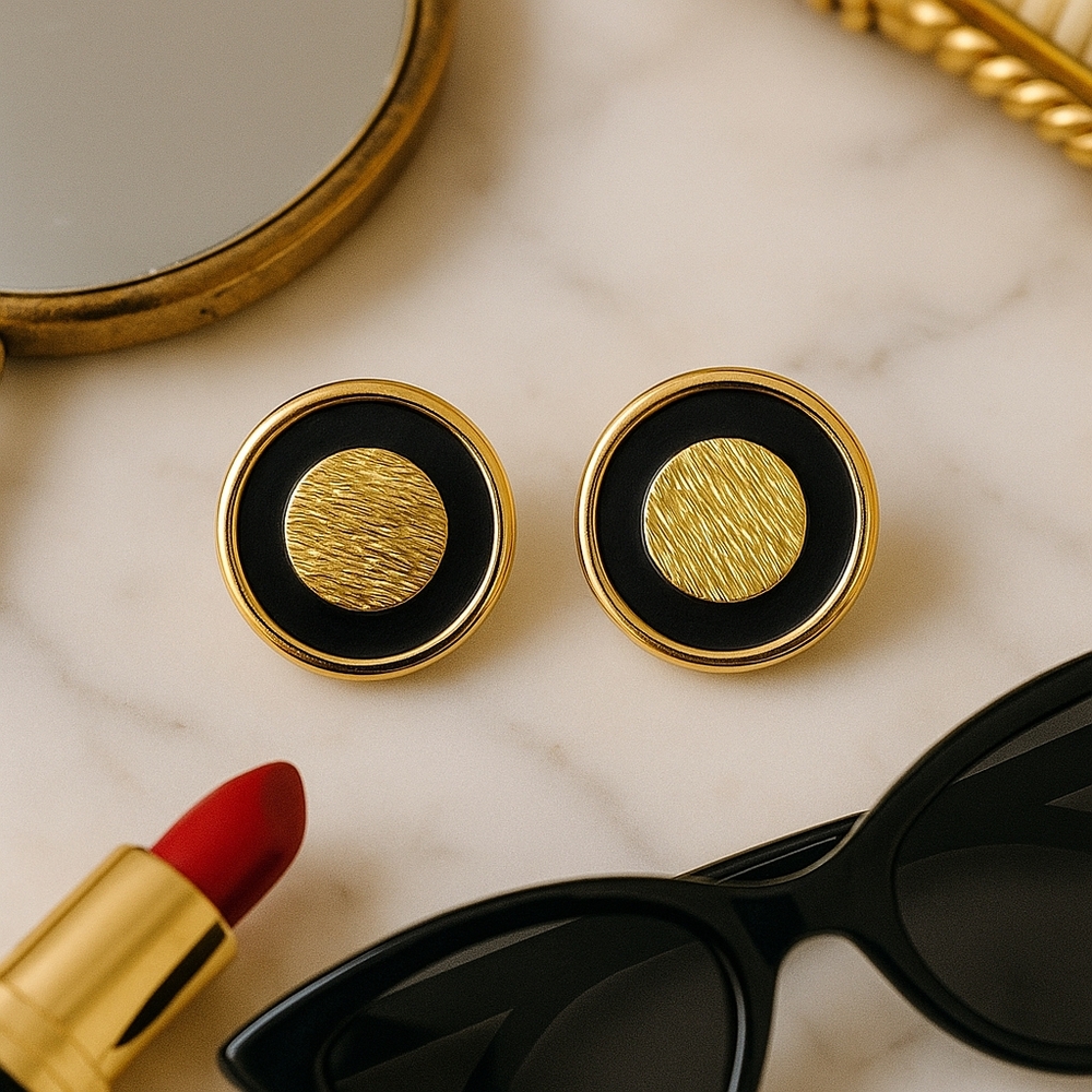 Vintage 80s Pierced Earrings | Black Gold Round Studs Statement Retro